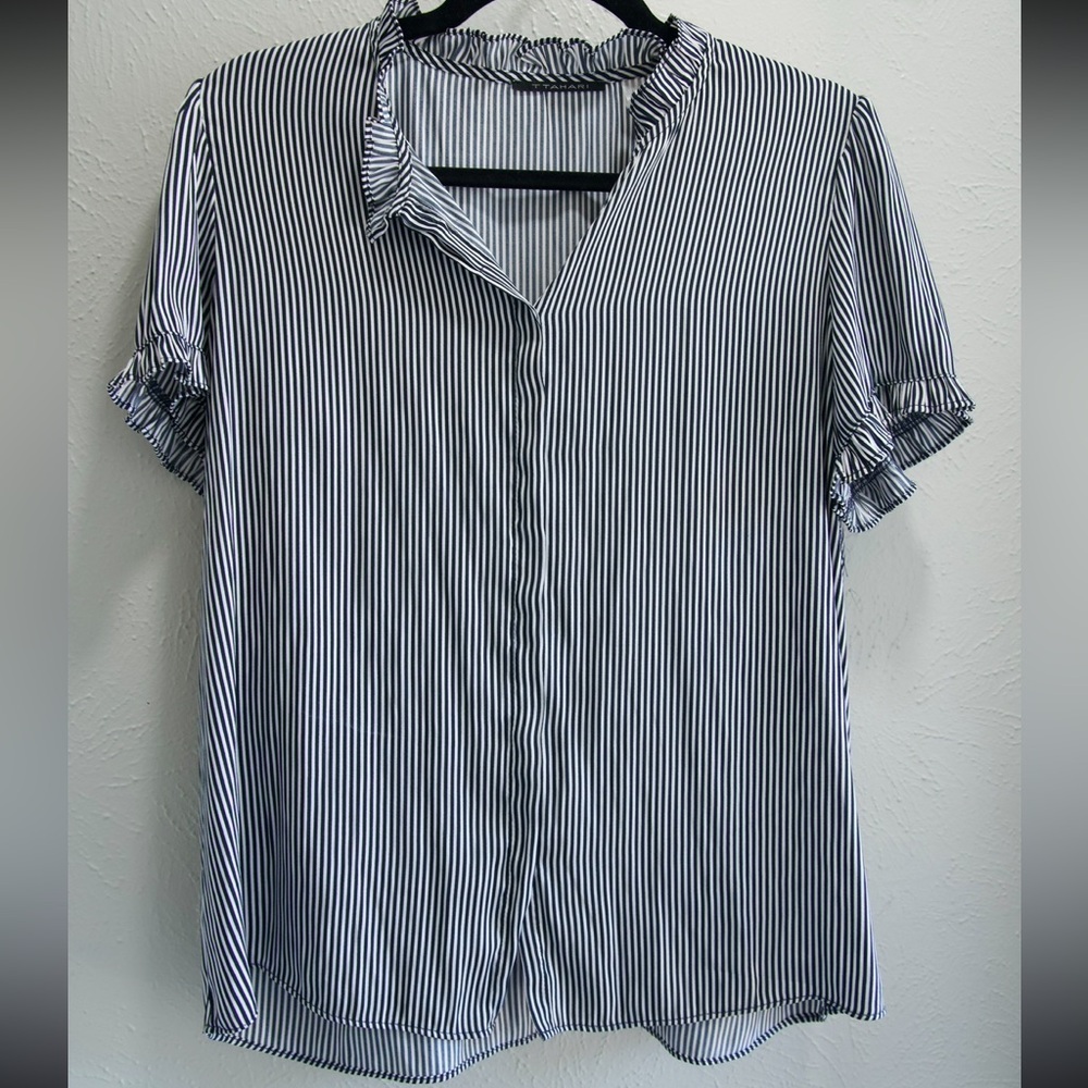 T Tahari Gray Ruffled Mandarin Collar Blouse